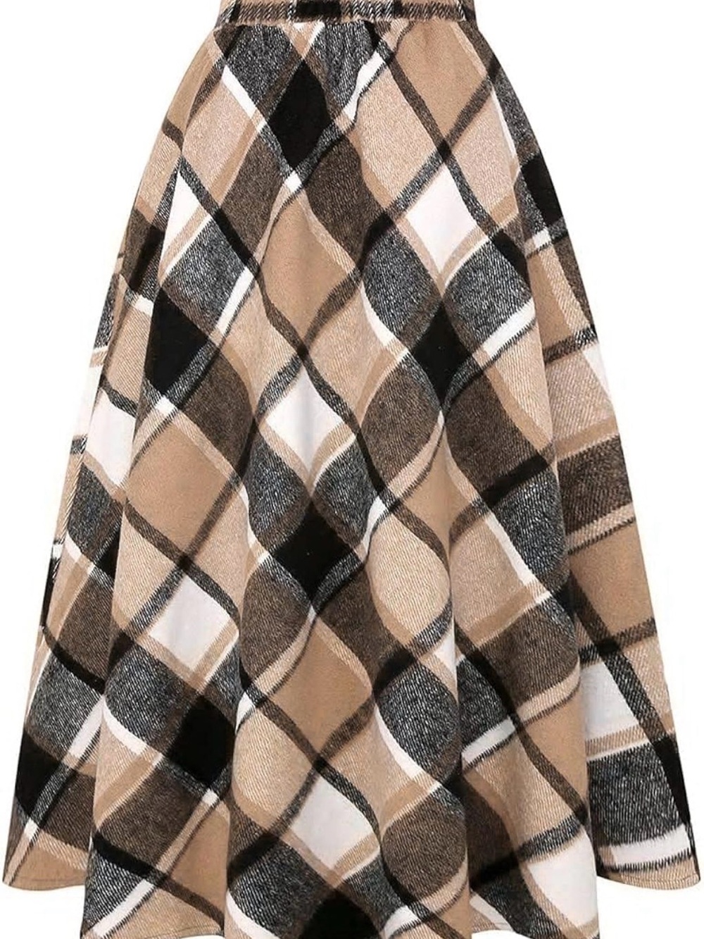 Women’s Plaid A-Line Midi Skirt - Tan & Black